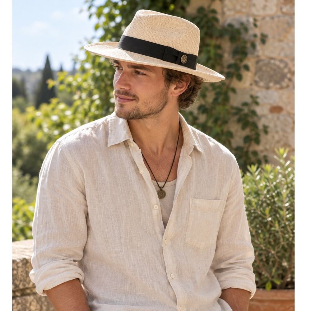 Goorin Bros. Wide Brim Palm Fiber Fedora Hat Natural Black Band Medium